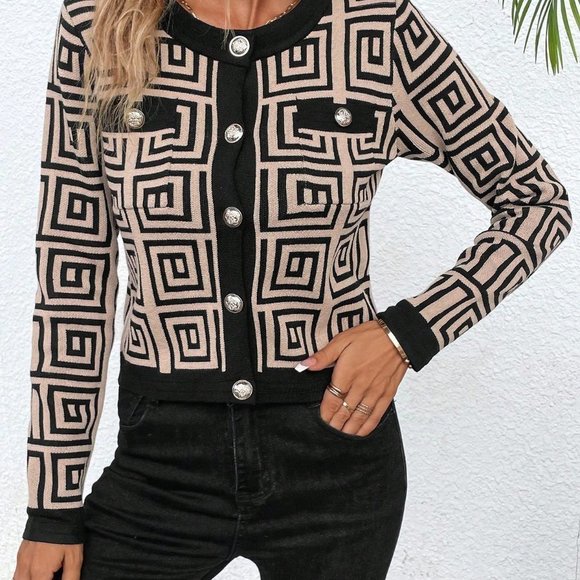 Black & Tan Preppy Womens Geo Pattern Contrast Trim Button Front Crop Cardigan - Picture 5 of 5